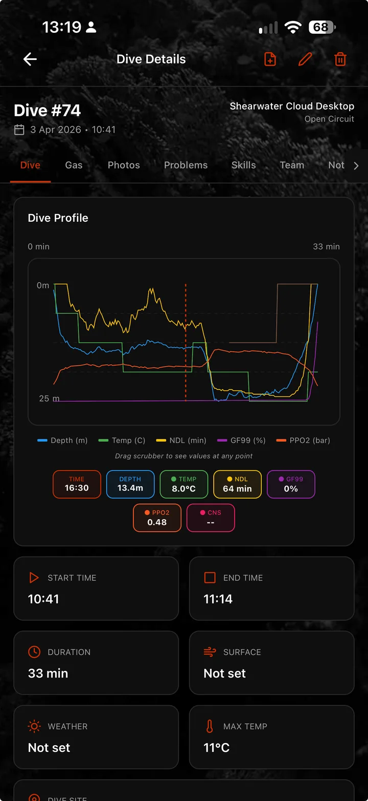 Erebus dive planning screen
